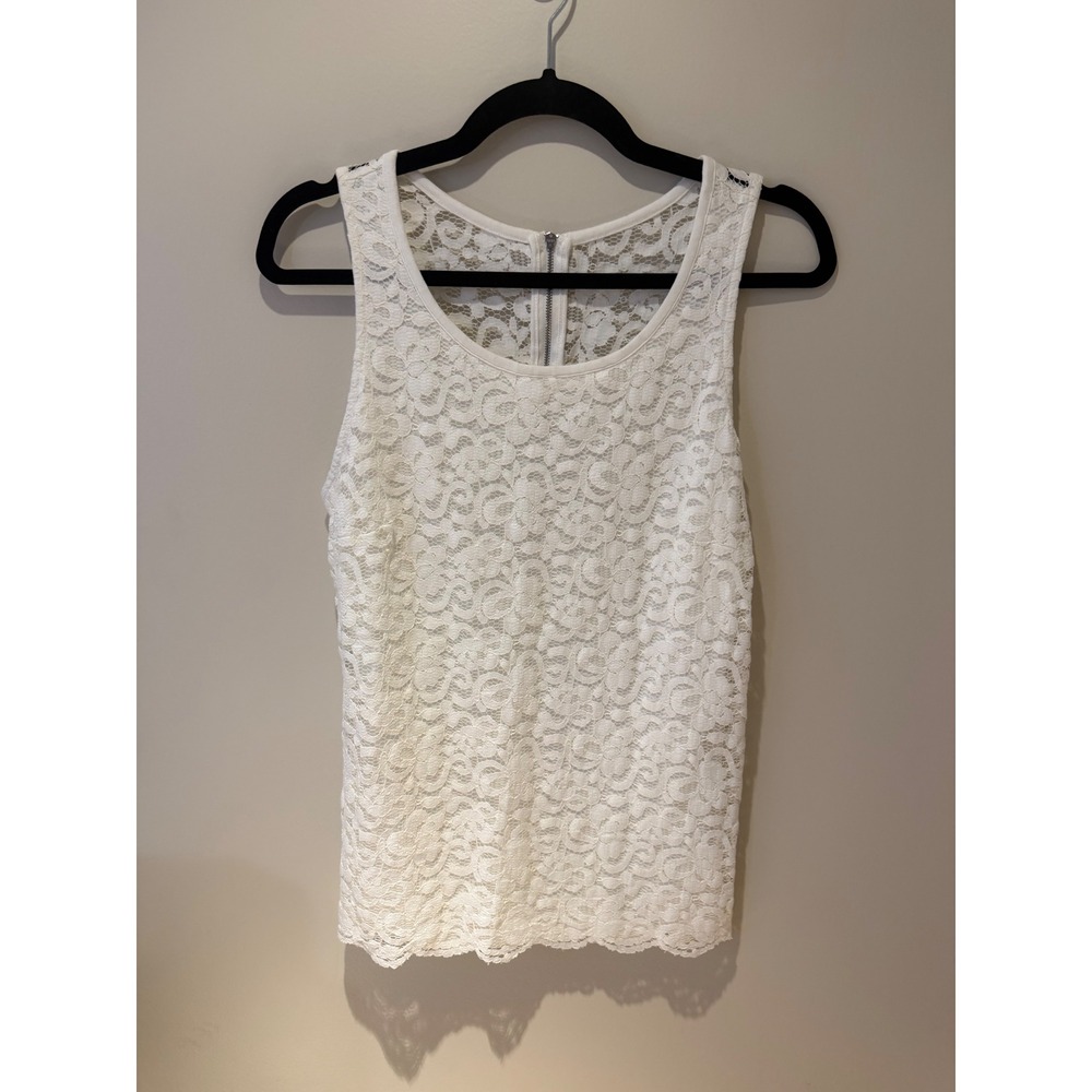 White Floral Lace Sleeveless Tank Top with Back Zipper Size Medium